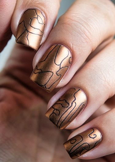 Elegant metallic bronze manicure with intricate line art designs on beautifully shaped nails.