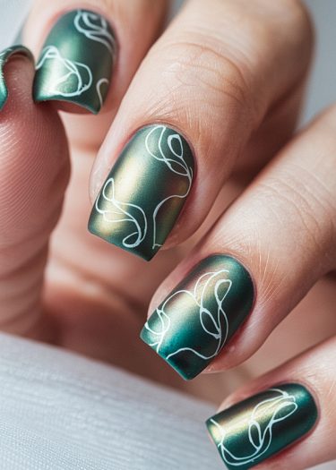 Elegant metallic emerald nails with intricate white patterns and a chic matte finish.