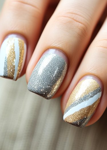 Sophisticated metallic glitter nails in silver, gold, and white showcase elegant manicured designs.