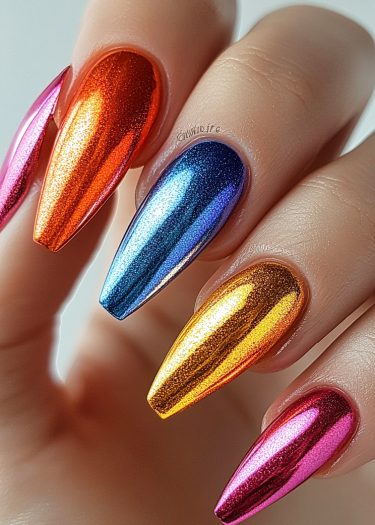 Vibrant metallic stiletto nails showcase a stunning gradient of colors in a glossy finish.