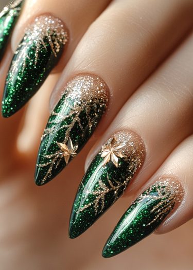 Elegant metallic green and gold nail art with intricate designs and shimmering glitter.