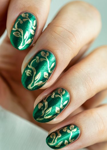 Elegant metallic green nail art with intricate gold designs on rounded oval nails.