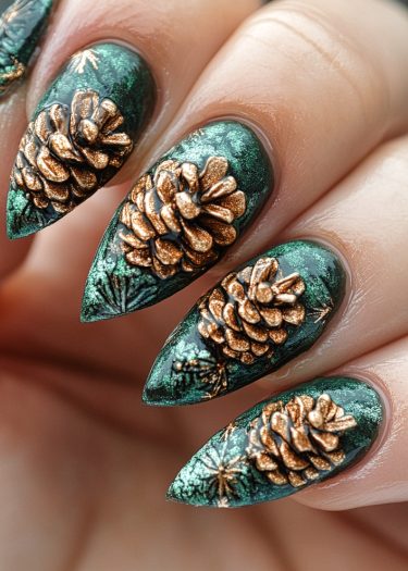 Stiletto nails featuring emerald green polish adorned with bronze pinecone embellishments and snowflakes.