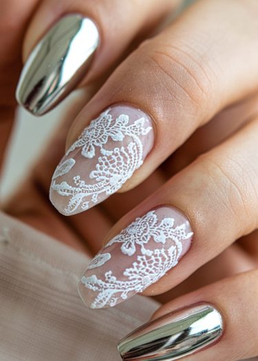 Elegant metallic and lace nail art showcasing modern chrome and delicate floral designs.