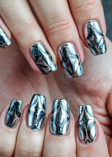 Stylish metallic chrome square-tip nails with marbled design and glossy finish for modern elegance.