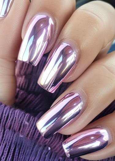 Gorgeous metallic pink chrome nails with a glossy finish on a deep purple background.