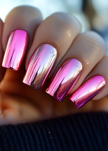 Shiny metallic pink ombre nails with reflective silver, expertly shaped and stylishly manicured.