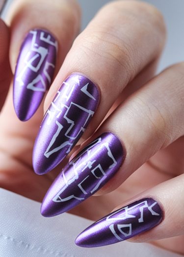 Stylish metallic purple almond nails with intricate white geometric designs for a trendy look.