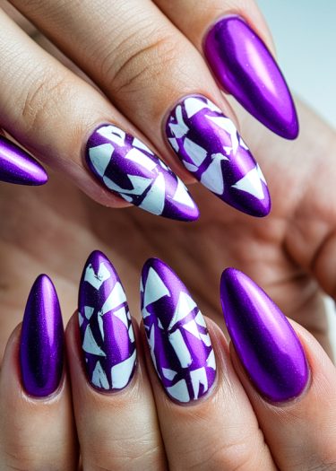 Striking metallic purple stiletto nails with geometric white designs, showcasing elegant nail artistry.