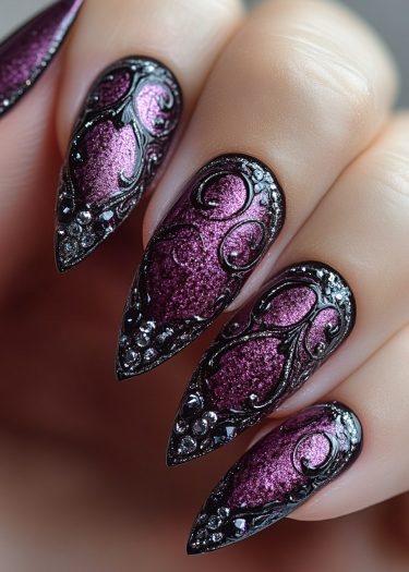 Exquisite metallic purple stiletto nails with intricate black designs and sparkling rhinestones.