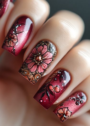 Elegant burgundy floral nail art with shimmering accents, rhinestones, and intricate designs for stylish looks.