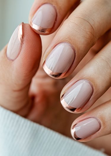 Elegant nude-pink nails with metallic rose gold tips in a polished manicure.