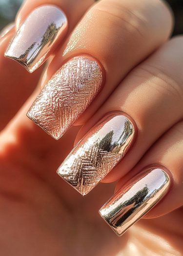 Elegant metallic rose gold manicure with intricate chevron design, showcasing artistry and craftsmanship.