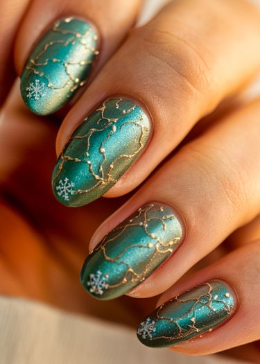 Elegant metallic teal nail art with gold marbling and delicate snowflake designs.