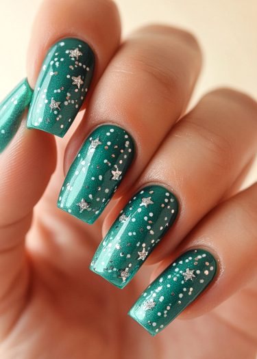 Vibrant teal nail art with glitter and star embellishments for a festive, elegant look.