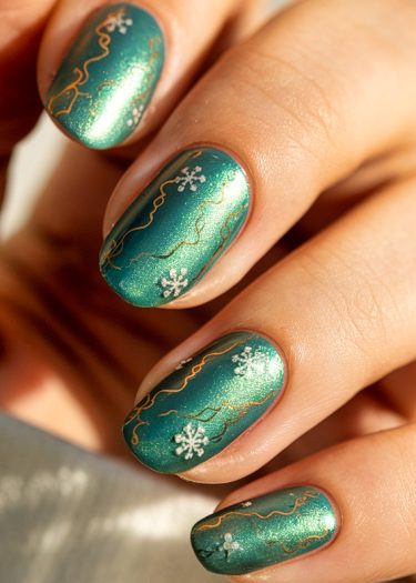 Shimmering teal nail art with snowflakes and gold accents for a stunning, elegant look.