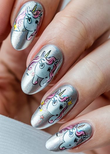 Metallic unicorn nail art with colorful designs and a shiny silver base for a whimsical look.