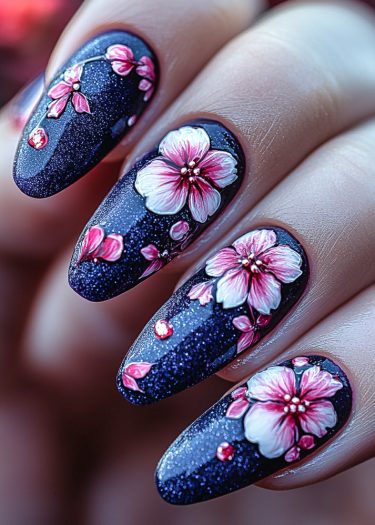 Elegant midnight blue nails with cherry blossom designs and glitter for a stunning manicure.