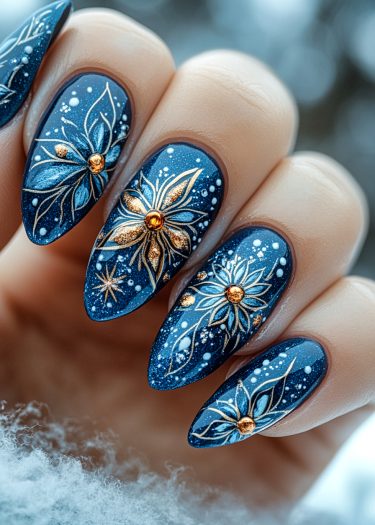 Elegant midnight blue floral nail art design with sparkling accents and sophisticated detailing.