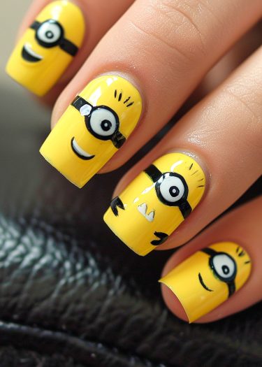 Vibrant yellow cartoon character nail art with playful eyes and expressions on glossy nails.