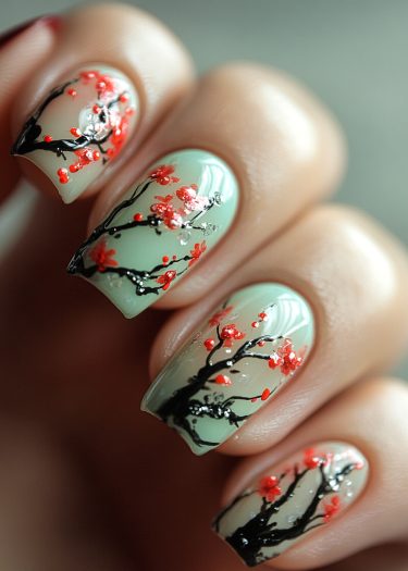 Mint green cherry blossom nail art features intricate floral designs on a serene pastel background.