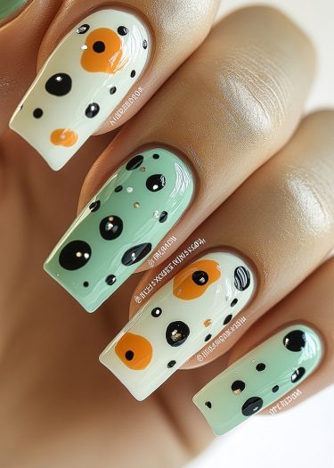 Chic mint green and white polka dot nail art with glossy finish and bold accents.