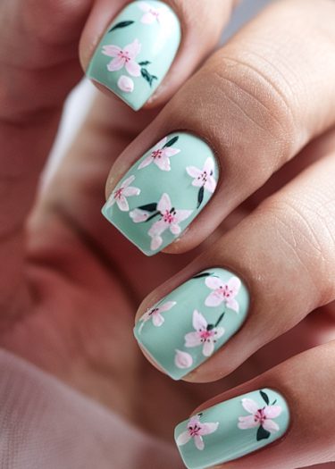 Mint green floral nail art with pink flowers and green leaves for a spring-inspired design.