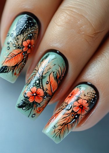 Intricate mint-green floral nail art featuring vibrant coral designs and delicate feather motifs.