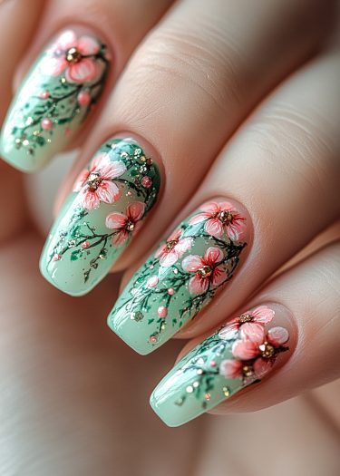 Elegant mint green floral nail art with pink flowers and gold accents.