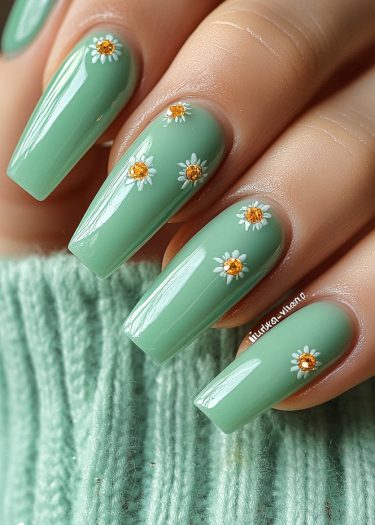 Glossy mint green nails with daisy designs and gems for a vibrant spring manicure.