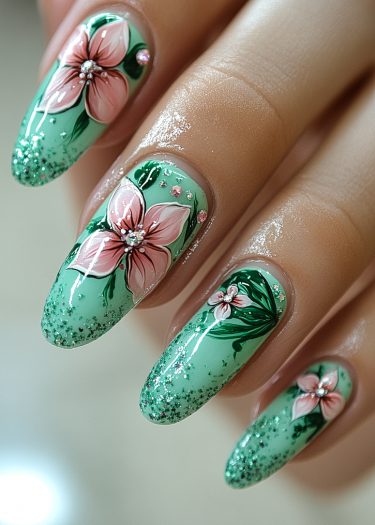 Elegant mint green floral nail art featuring pink flowers and sparkling rhinestones.