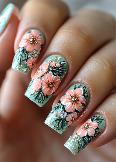 Vibrant mint green floral nail art with peach flowers and gold accents for elegant designs.