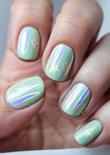 Stylish mint green nails with holographic stripes and star designs for a trendy look.