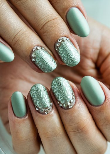 Elegant mint-green nail art featuring intricate lace designs and sparkling rhinestones.