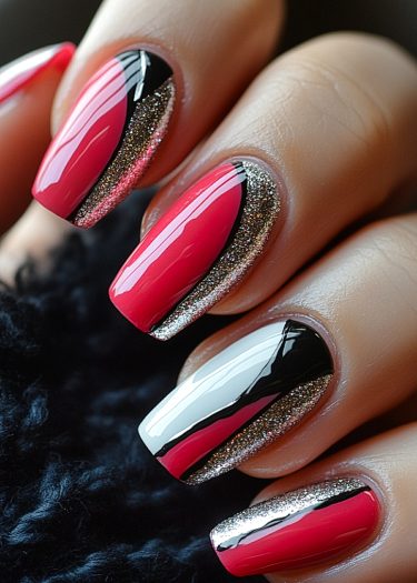 Vibrant modern pink and black nail art with glittery accents for a chic look.