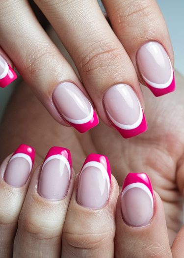 Stylish pink French manicure with polished nude base and glossy finish on well-groomed hands.