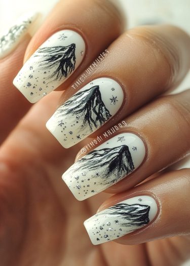 Elegant black and white mountain landscape manicure with glitter accents for a luxurious look.