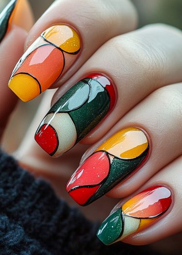 Vibrant mosaic nail art featuring colorful stained glass patterns and glossy finishes for stunning style.