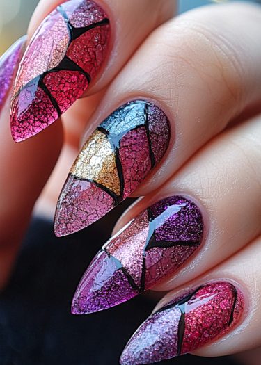 Vibrant crackled mosaic stiletto nails with artistic colors and bold black lines.