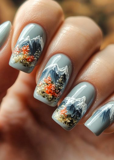 Stunning mountain landscape nail art showcasing autumn trees and serene scenic details.