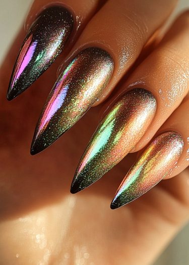 Exquisite multichrome stiletto nails in vibrant colors showcase elegant nail art.