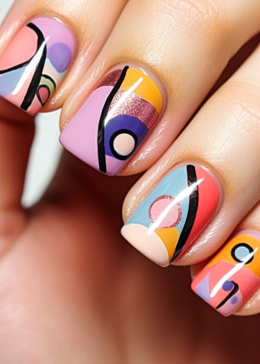 Exquisite multicolored geometric nail art design featuring abstract patterns and vibrant hues.