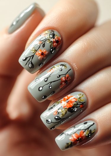 Elegant muted gray nail art with vibrant orange flowers and intricate floral designs.