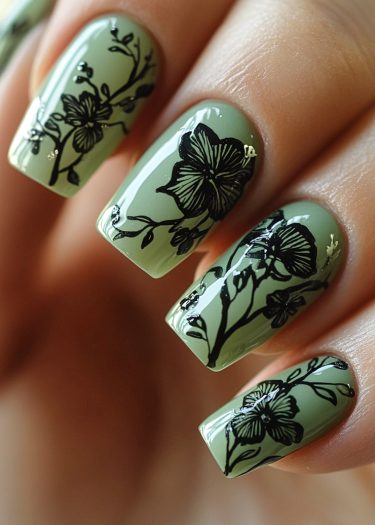 Elegant muted green nail art with intricate black floral designs for a sophisticated look.