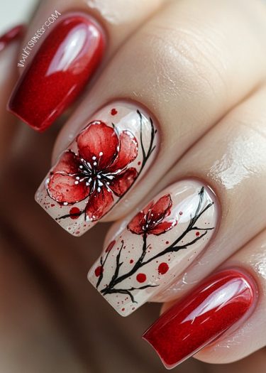 Elegant floral nail art design with deep red polish and intricate cherry blossom details.