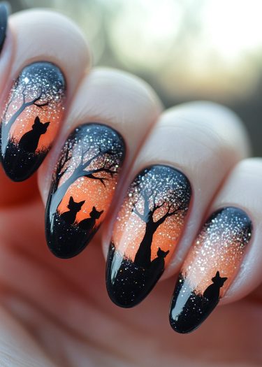 Whimsical nail art featuring silhouette cats and enchanting sunset gradients on almond-shaped nails.