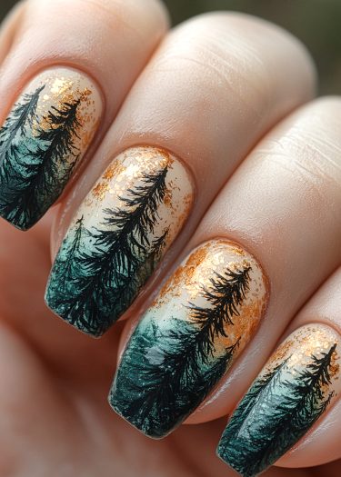 Elegant forest nail art featuring detailed evergreen trees and gold foil accents.