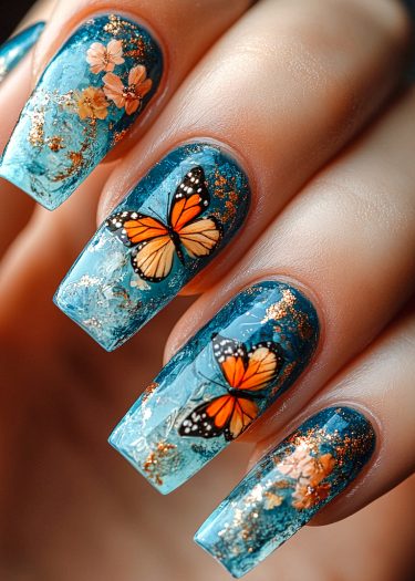 Stunning blue nail art featuring orange butterflies and pink flowers with gold foil accents.