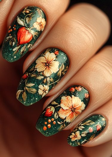 Elegant nature-inspired floral nail art featuring teal, cream, and peach hues with whimsical hearts.