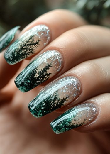 Elegant forest-themed nail art with silver glitter, perfect for winter-inspired aesthetics.